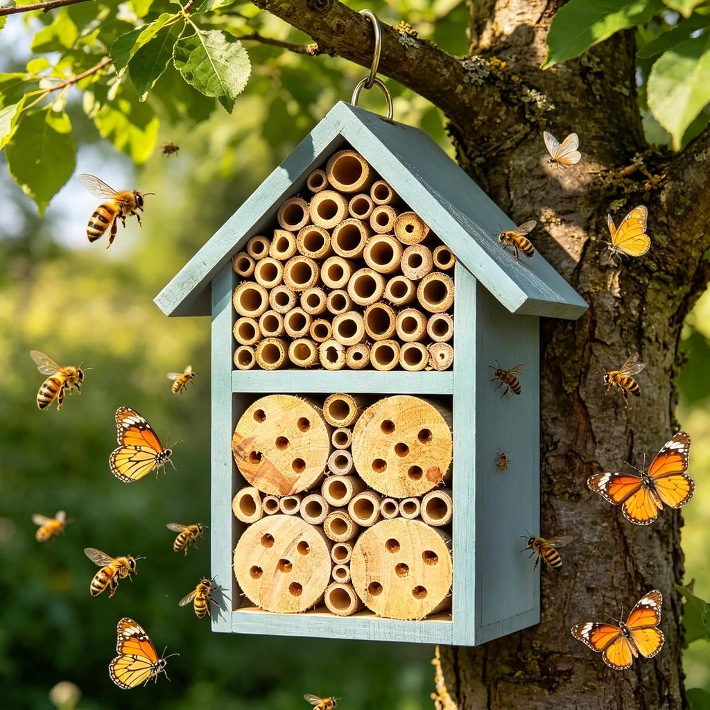 Hanging Bee House Wooden Insect House 9inch–Small Solitary Bee Hive for Garden, Beneficial Insect Habitat for