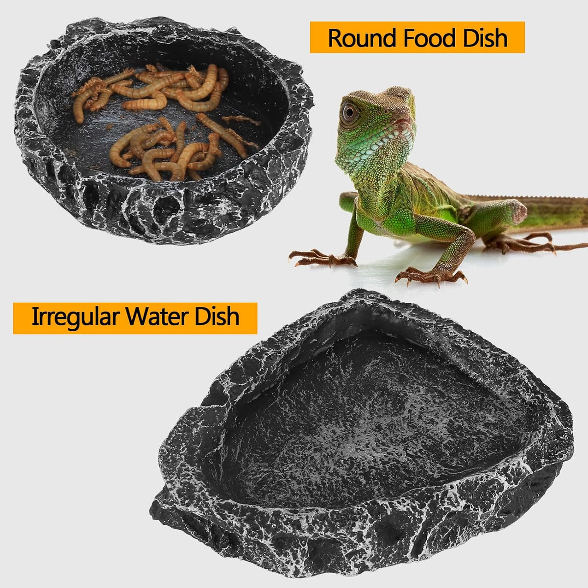 Reptile Water Dish Food Bowl for Bearded Dragon Tank Accessories, Reptile Rock Feeder for Tank 2 Pack Corner Resin
