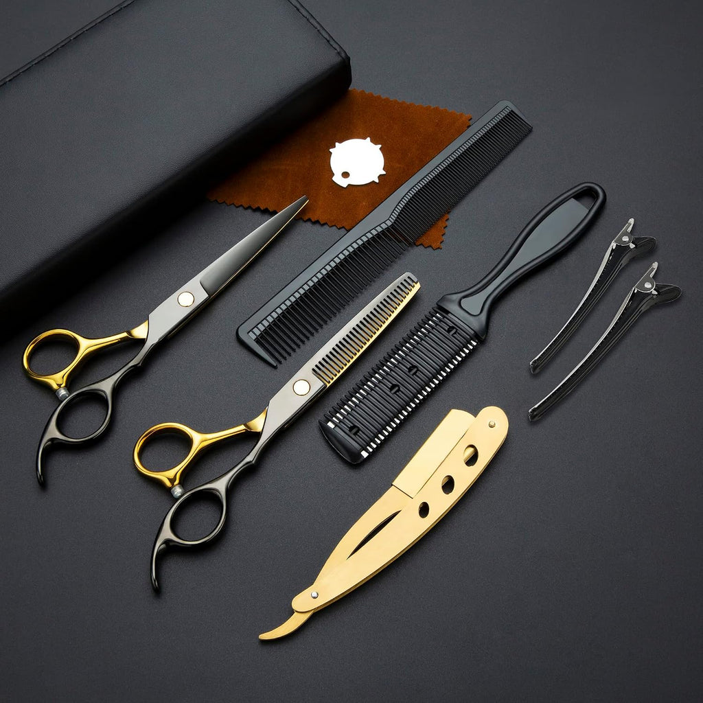 Black Gold Professional Hair Cutting Scissors - Stainless Steel Barber Thinning Shears - Multifunctional Straight and