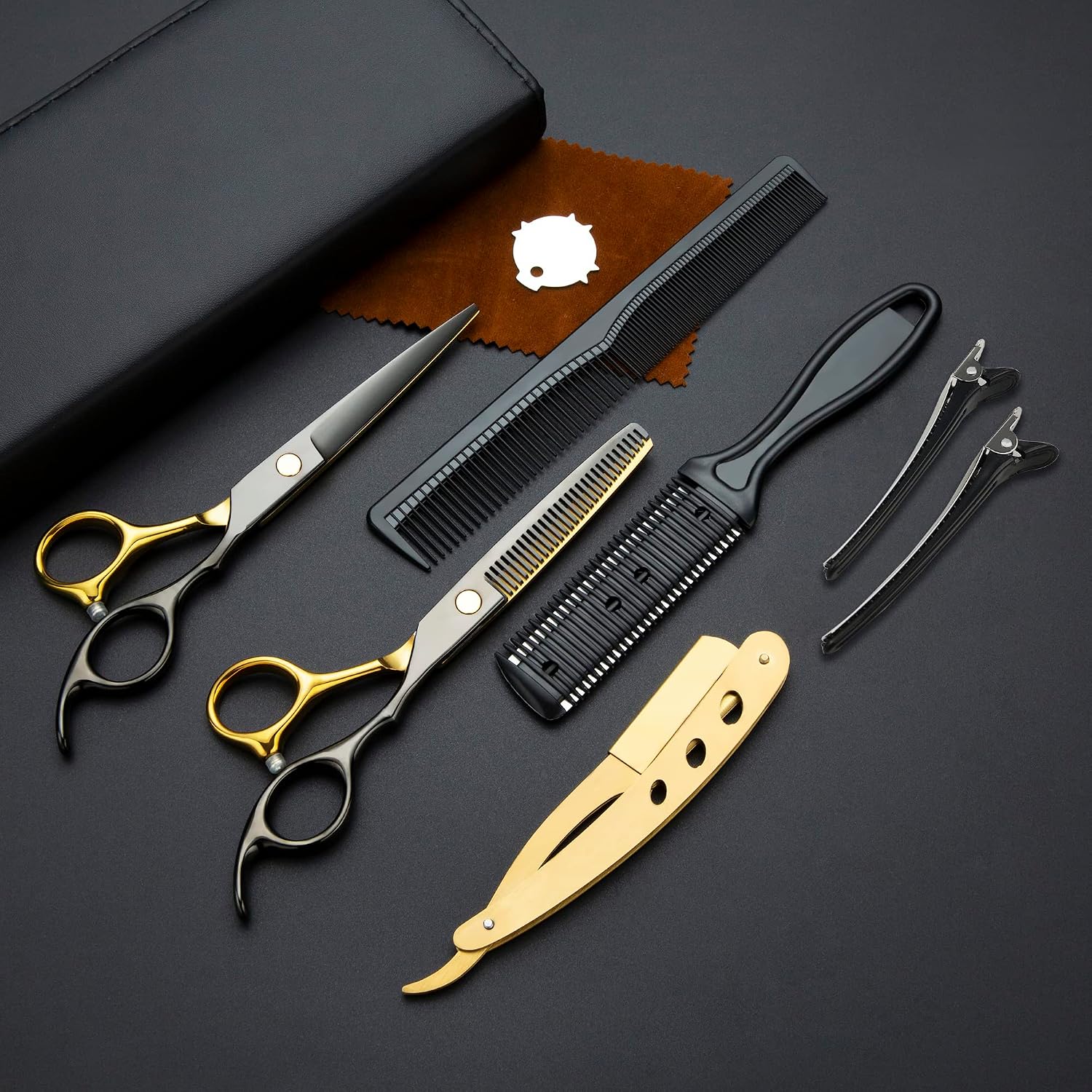 Black Gold Professional Hair Cutting Scissors - Stainless Steel Barber Thinning Shears - Multifunctional Straight and