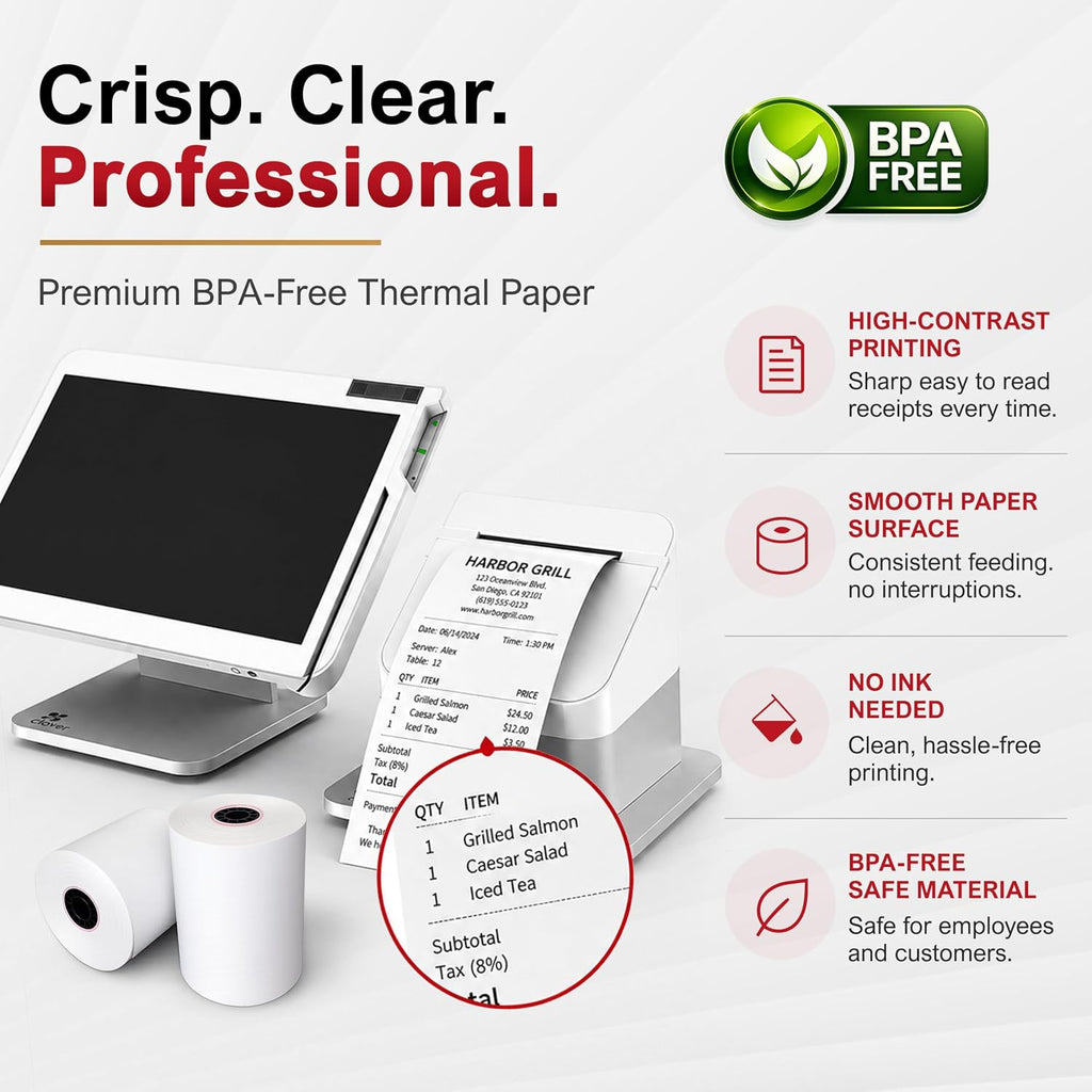 Clover Station Receipt Paper Rolls 3 1/8" x 230' (12 Pack) – Thermal Paper for Clover Station & Duo C505, Compatible