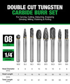 Carbide Burr Set 1/4 In Shank 8-Pc 8mm Head with Clear Storage Box