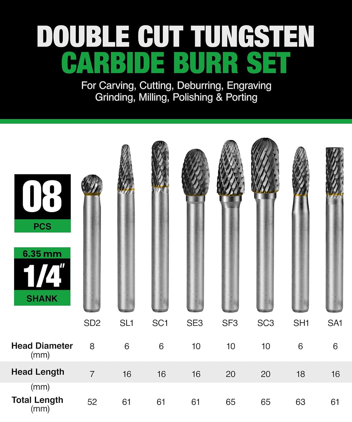 Carbide Burr Set 1/4 In Shank 8-Pc 8mm Head with Clear Storage Box