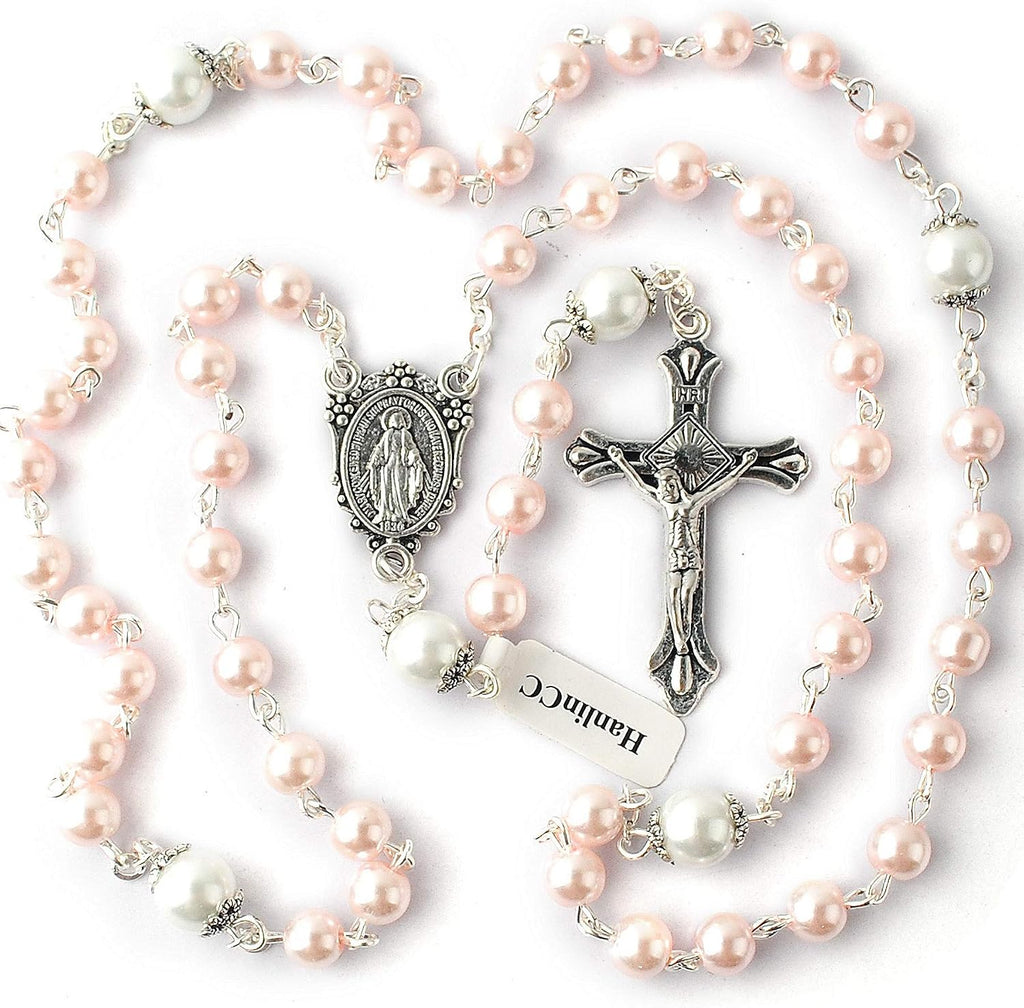 Catholic Miraculous Medal Rosary Glass Pearl Beads with Gift Box