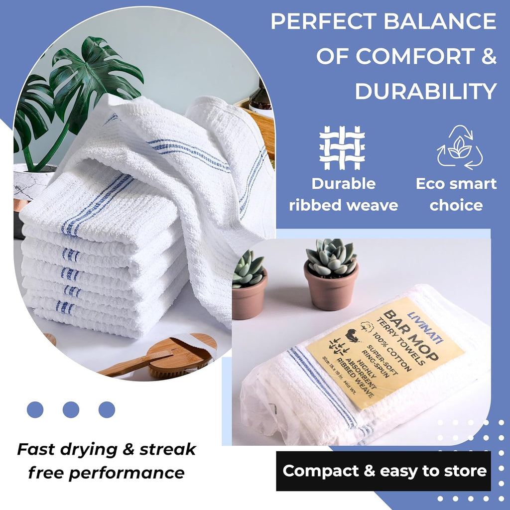 White Cotton Bar Towels for Kitchen - Rags for Bartenders - Bulk Commercial Grade Utility Terry Mops Dish Cloths for