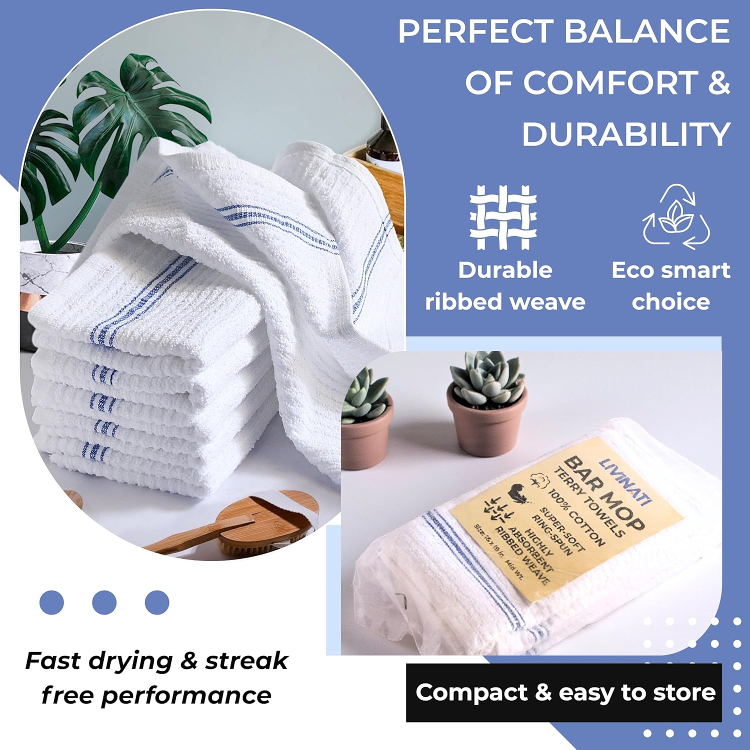 White Cotton Bar Towels for Kitchen - Rags for Bartenders - Bulk Commercial Grade Utility Terry Mops Dish Cloths for