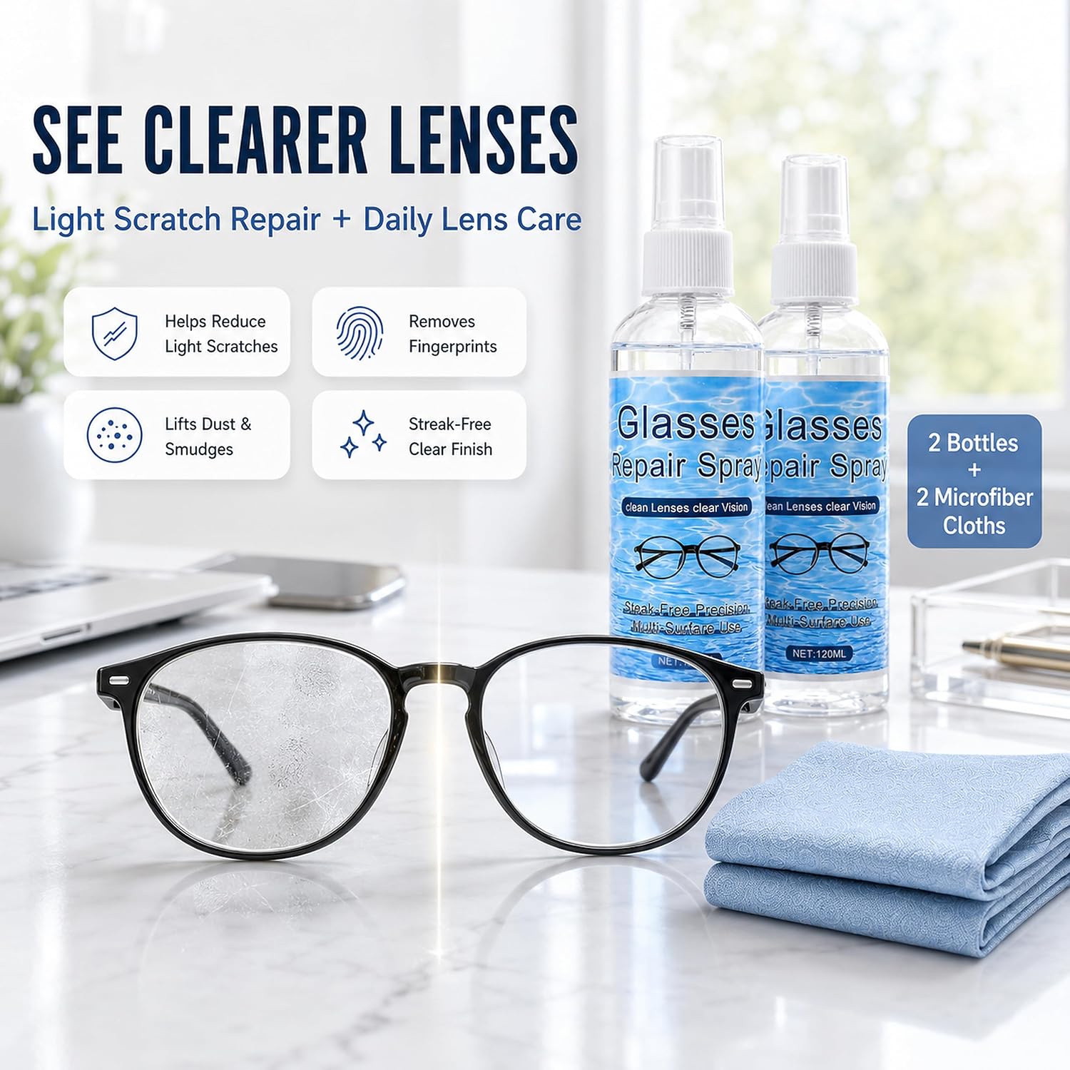 Eye Glasses Scratch Repair Spray, 2 Bottles Scratch Remover for Eyeglasses with 2 Microfiber Cloths, Eye Glass