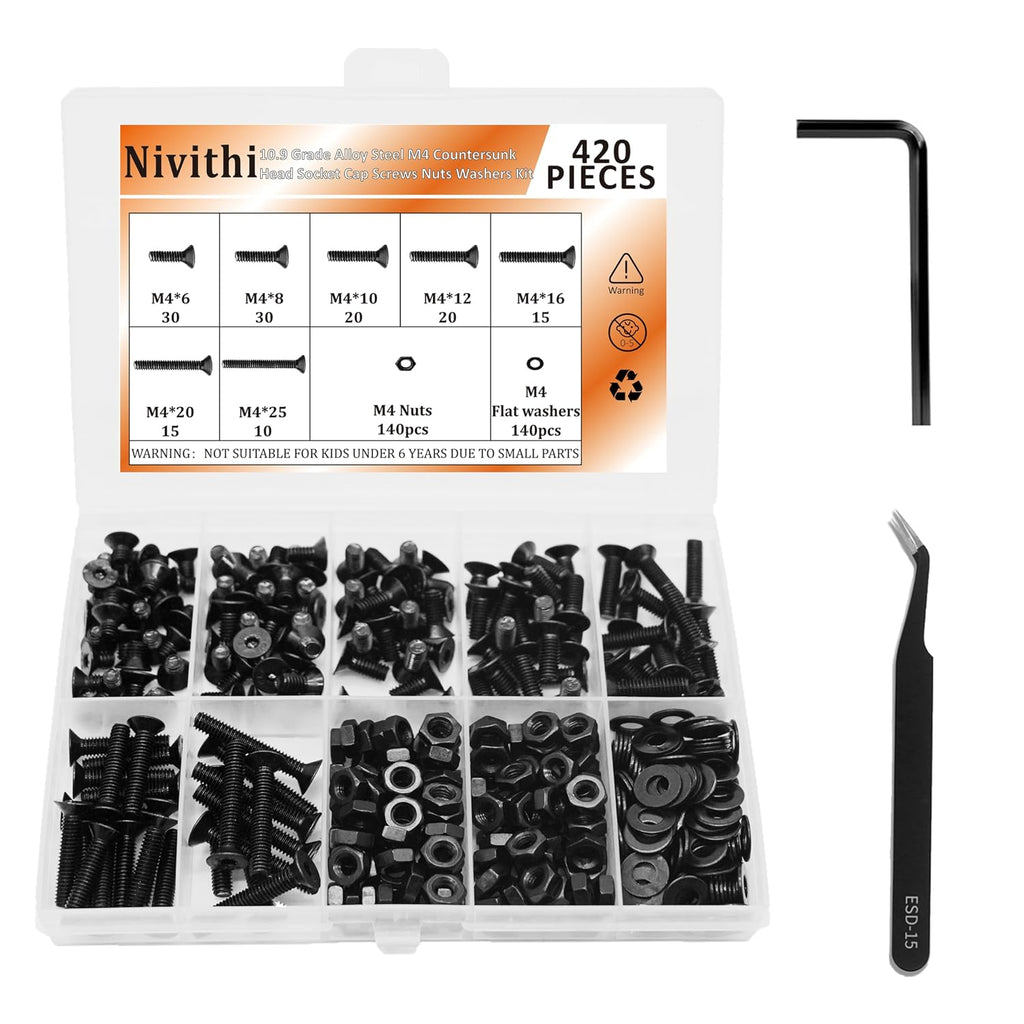 420PCS M4 Countersunk Hex Socket Screws Grade 10.9 Carbon Steel
