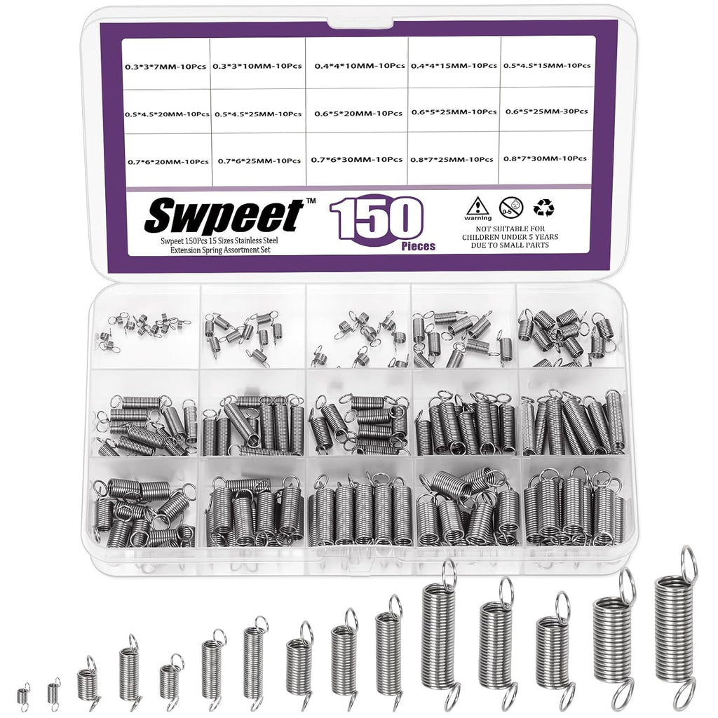 150Pcs 15 Different Sizes Stainless Steel Extension Spring with a Dual Hook Assortment Kit, Mechanical Extension