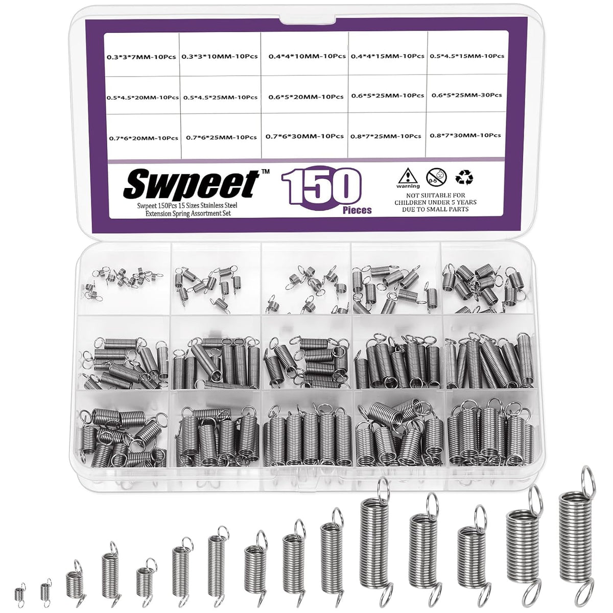 150Pcs 15 Different Sizes Stainless Steel Extension Spring with a Dual Hook Assortment Kit, Mechanical Extension