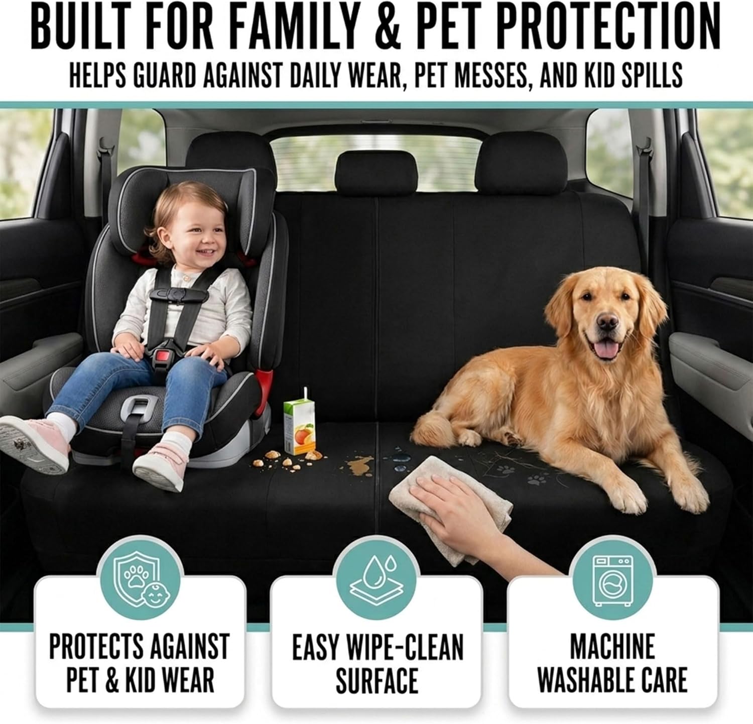 Full Set Cloth Car Seat Covers, Universal Fit Front and Split Bench Rear, Airbag Compatible, Washable for SUV, Sedan