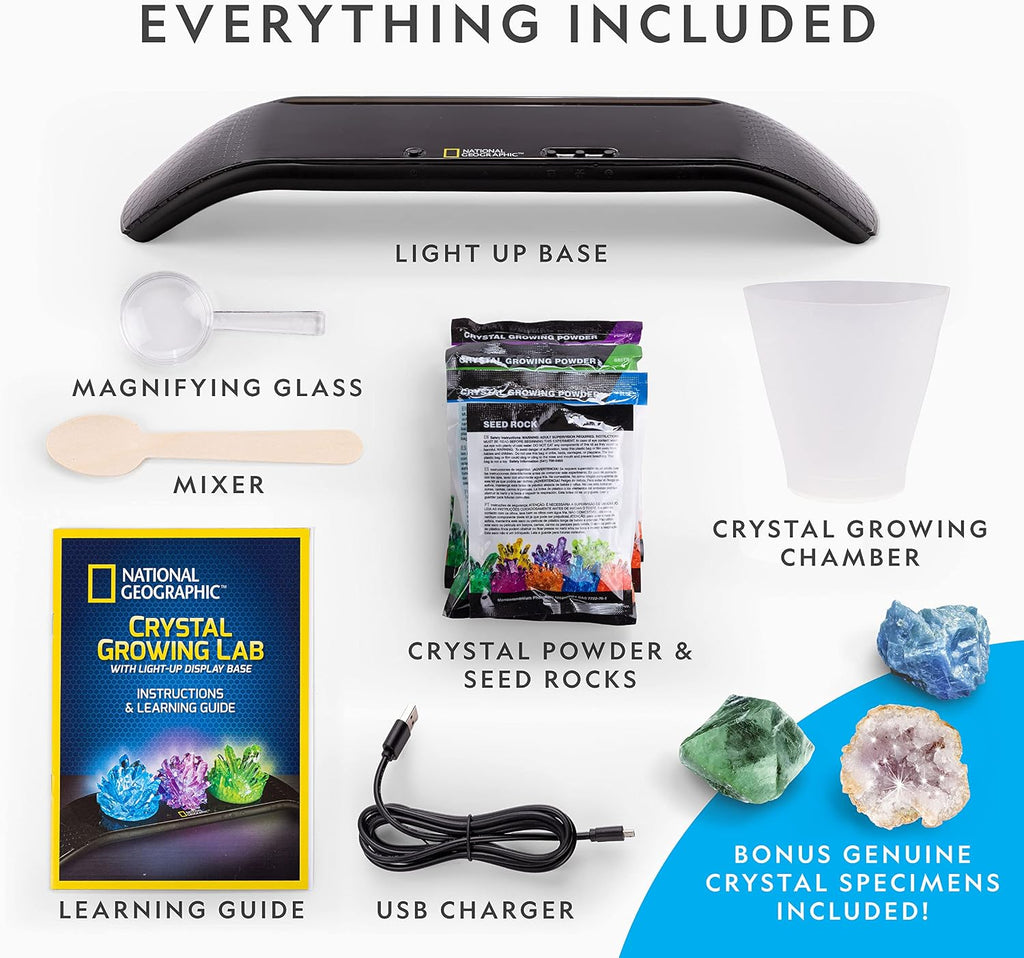 National Geographic Crystal Growing Kit with 3 Crystals for Kids Ages 8-12 | Grow 3 Vibrant Crystals, Light-Up Night