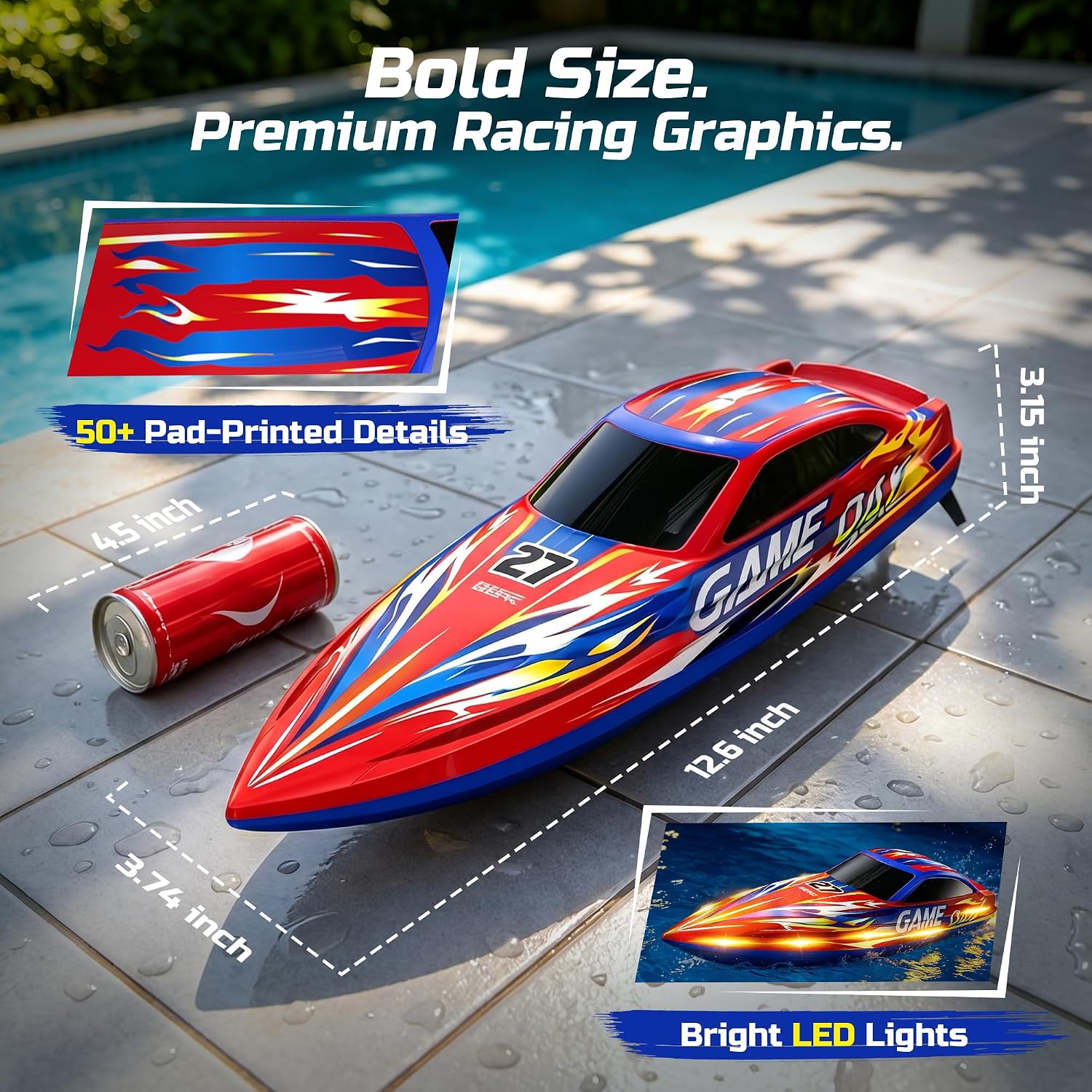 High Speed RC Boat for Kids, 25+KPH, Capsize Recovery, 30 Mins | 2x1300mAh Batteries, Remote Control Boat with LED