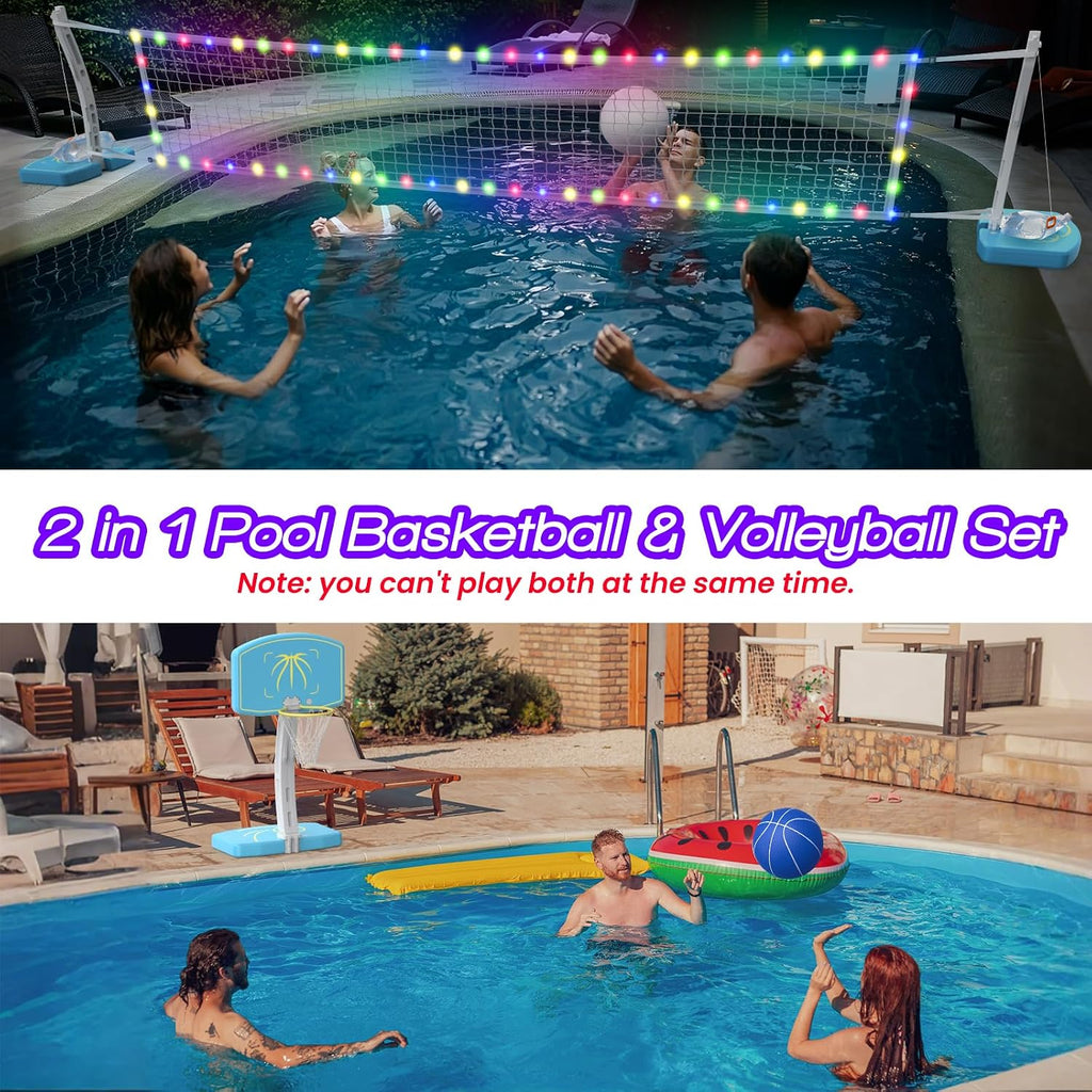 Pool Basketball Hoop and Volleyball Net Combo Set, with Stainless Steel Frame, 8 Lighting Modes, Dual-Mode Summer