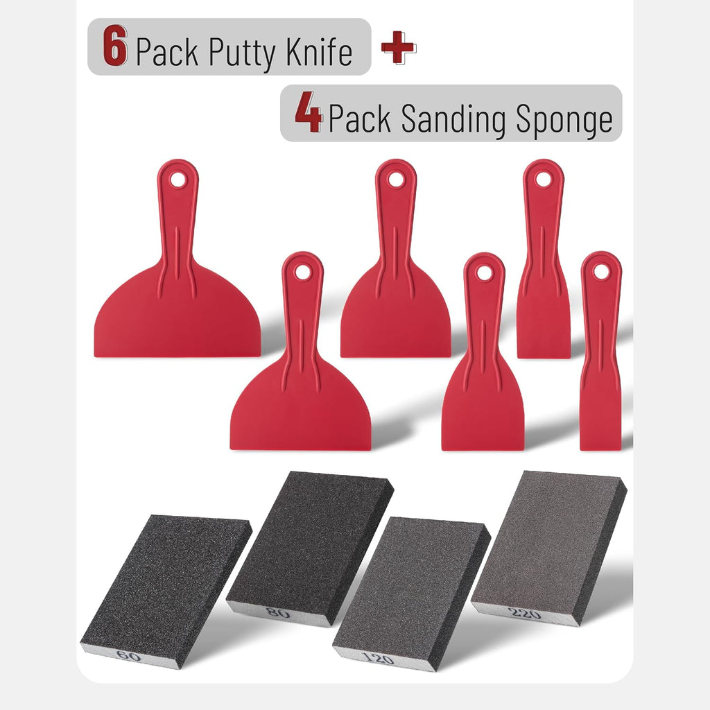 Bates- Putty Knife Set with Sanding Sponge, 10 pcs, Plastic Paint Scraper, Sandpaper Block, Putty Knives, Sandpaper