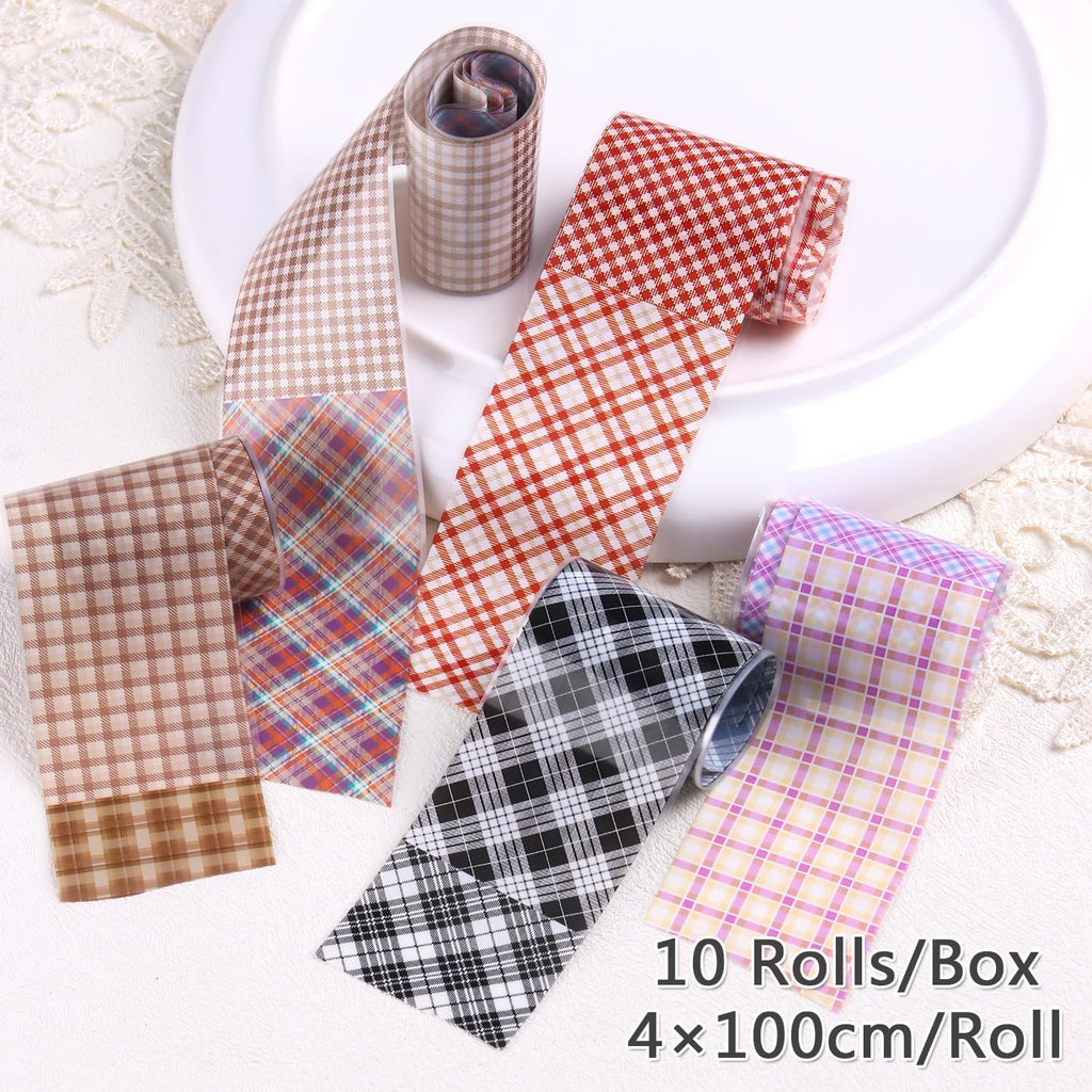 10 Rolls Plaid Nail Art Foil Transfer Sticker Colorful Checkered Pattern