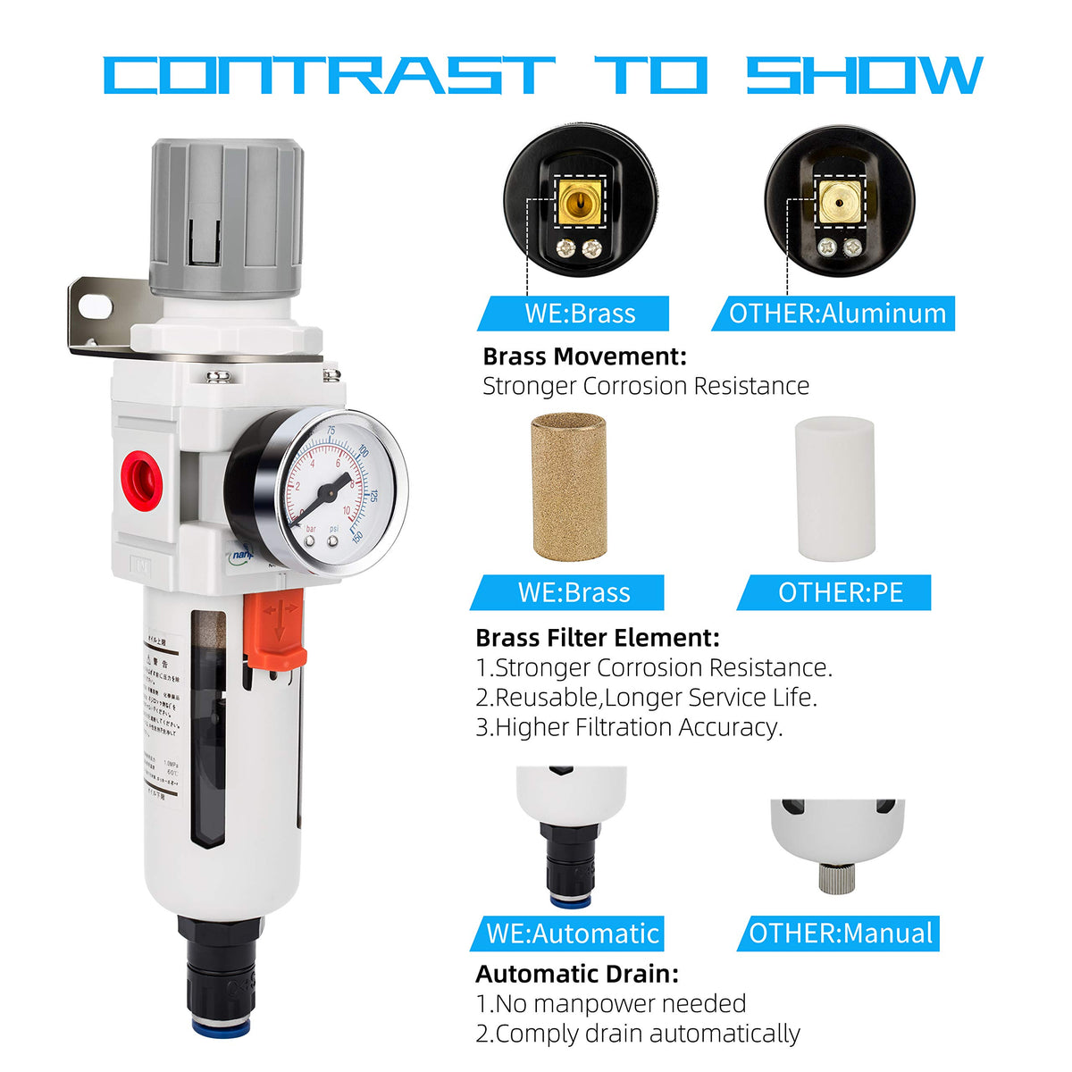 NANPU 1/2" NPT Air Compressor Filter & Pressure Regulator Combo, Auto Drain