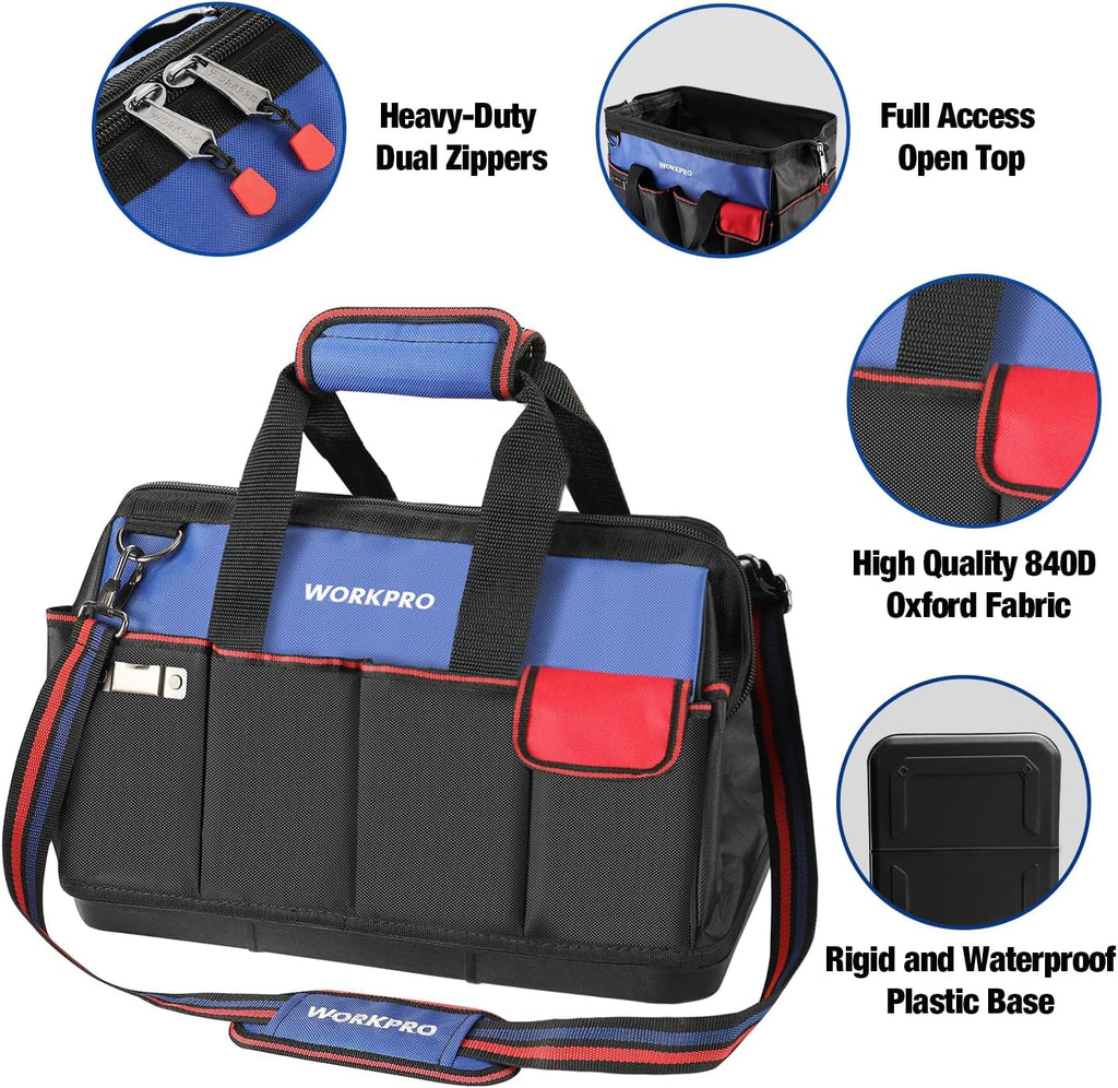 Tool Bag, 18 Inch Tool Bag with Waterproof Molded Base, Open Top Tool Organizer Bag with 20 Pockets, Adjustable