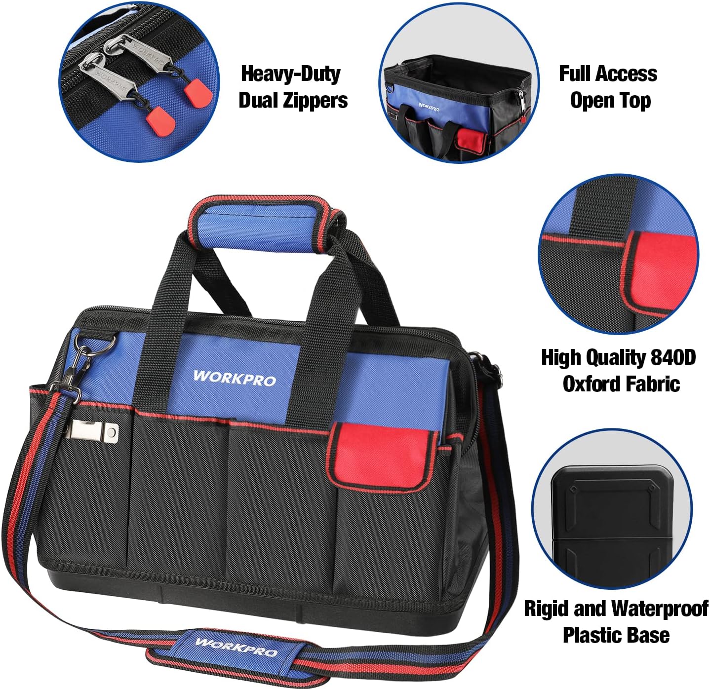 Tool Bag, 18 Inch Tool Bag with Waterproof Molded Base, Open Top Tool Organizer Bag with 20 Pockets, Adjustable