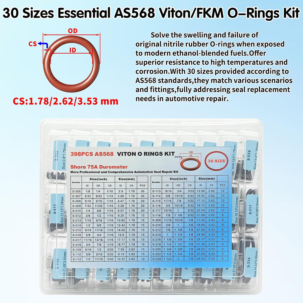 398PCS Viton O Rings,30 Sizes SAE AS568 O-Rings Kit