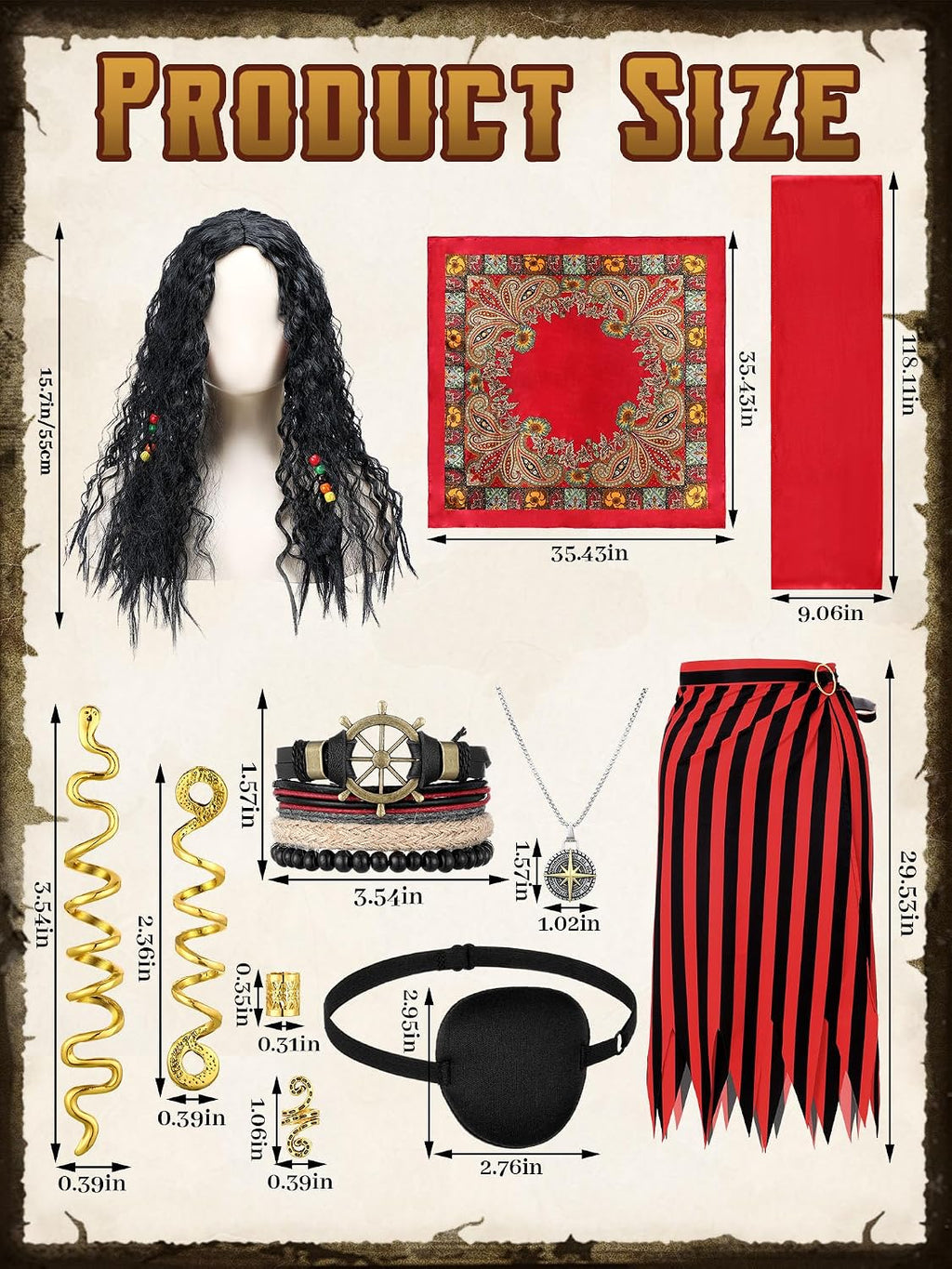 25 Pcs Pirate Costume Accessories Women Pirate Wig with Hair Net Hat Sash Belt Striped Skirt Eye Mask Snake Hair