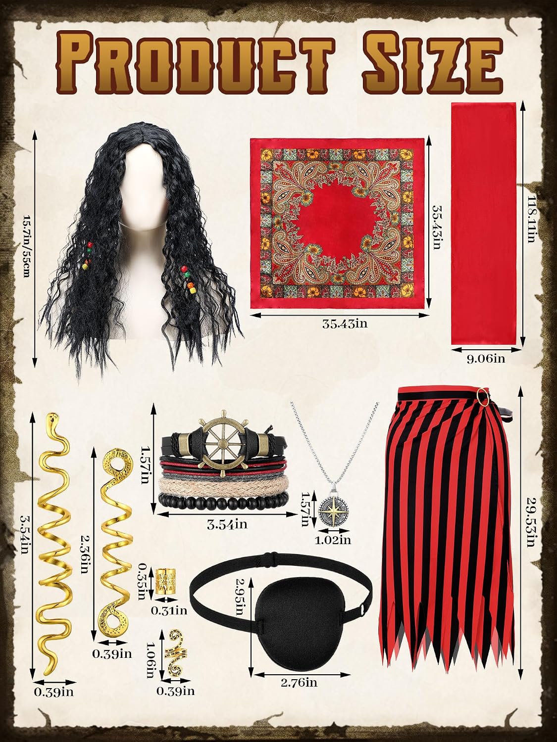 25 Pcs Pirate Costume Accessories Women Pirate Wig with Hair Net Hat Sash Belt Striped Skirt Eye Mask Snake Hair