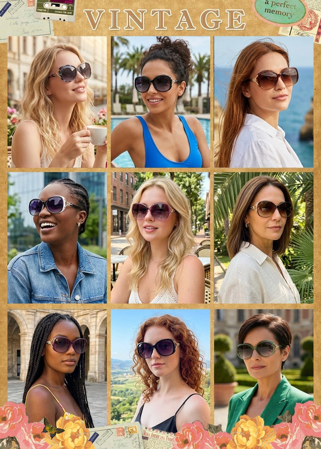 Polarized Sunglasses for Women Oversized Ladies Sun Glasses UV400 | Goldern Cat Pattern Design with Silver Rhinestone