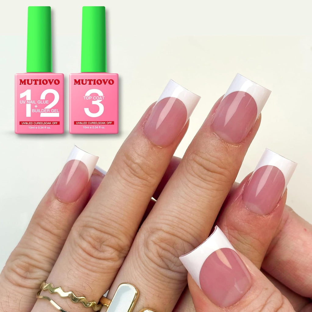 2 in 1 UV Nail Glue Builder Gel and Top Coat Kit, Super Strong Adhesive for Press on Acrylic Nails, No Wipe for