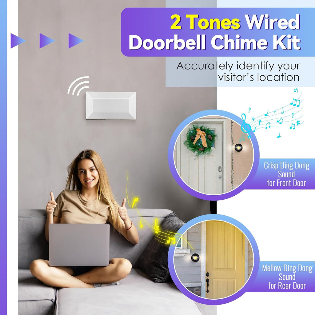 Wired Doorbell Chime Kit, 2 Pack Black Round Metal Doorbell Buttons with Chime Box for Front and Rear Doors, 2 Sounds