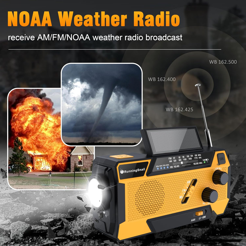 Hand Crank Emergency Radio with 3 Built-in Cable for Hurricane | AM/FM/NOAA Weather Radio with 7400mWh Battery, Hand