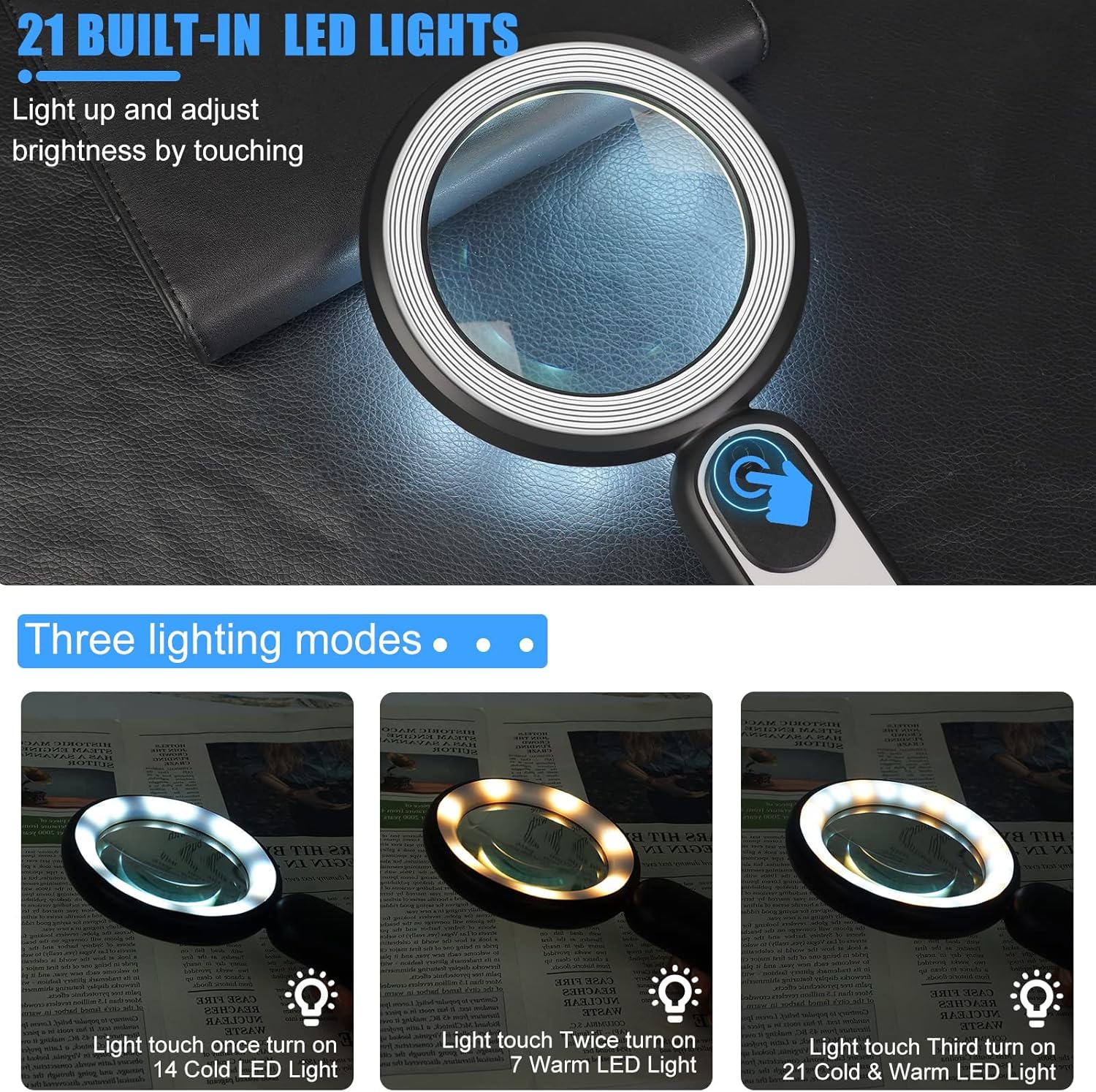Rechargeable Magnifying Glass with Light, 30X 4.7IN Handheld Large Lightweight Lighted Magnify Len 21 LED 3 Modes