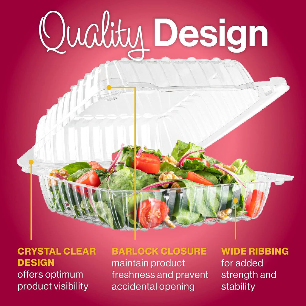 50 Clear Plastic Containers, 8" X 8" X 3" Hinged Lid Togo Clamshell Food Containers for Food, Strawberry Boxes