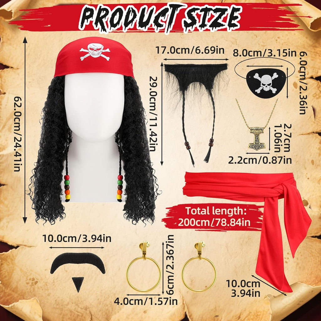 Pirate Costume Accessories Set for Women Men | Captain Hat, Bandana, Eyepatch, Earring, Necklace, Beard Wig, Dress Up