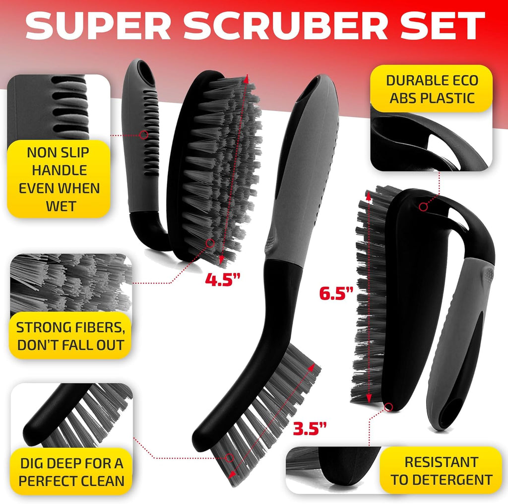 Scrub Brush Set of 6 pcs - Cleaning Shower Scrubbers with Squeegee for Shower Glass and Adhesive Wall Hooks Including