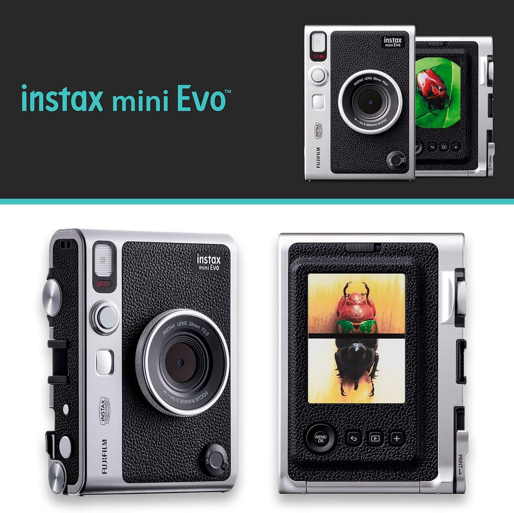 Instax Mini EVO Hybrid Black Instant Camera | Instax Mini Twin Pack Instant Film | 32GB microSD Card with Adapter |