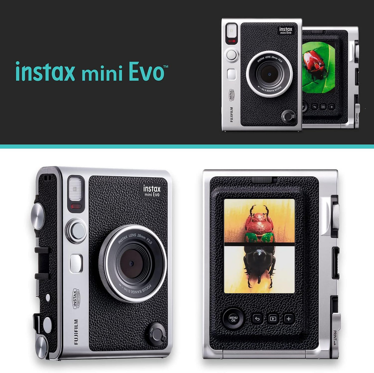 Instax Mini EVO Hybrid Black Instant Camera | Instax Mini Twin Pack Instant Film | 32GB microSD Card with Adapter |