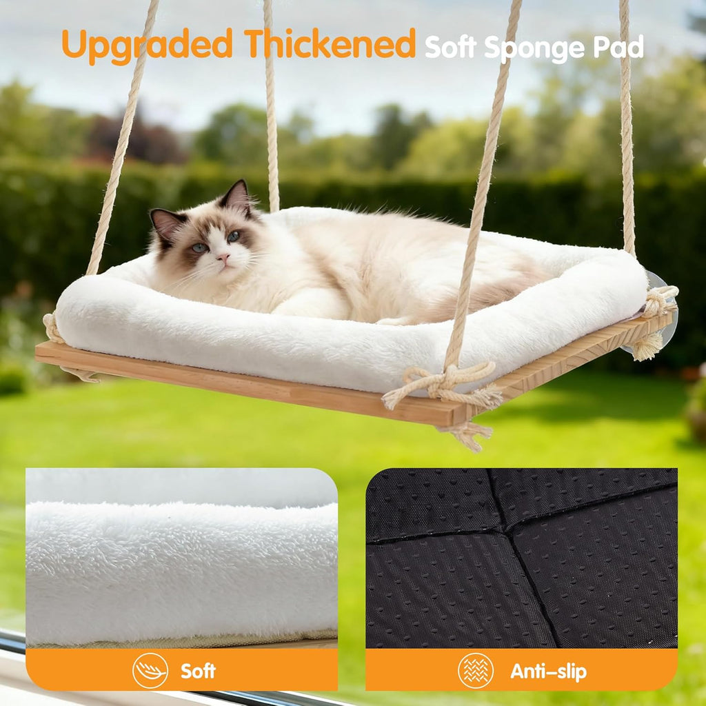 Cat Window Perch, Window Hammock for Cats with Solid Wood Seat 4 Heavy Duty Suction Cups, Plush Cushion, Indoor Cat Bed