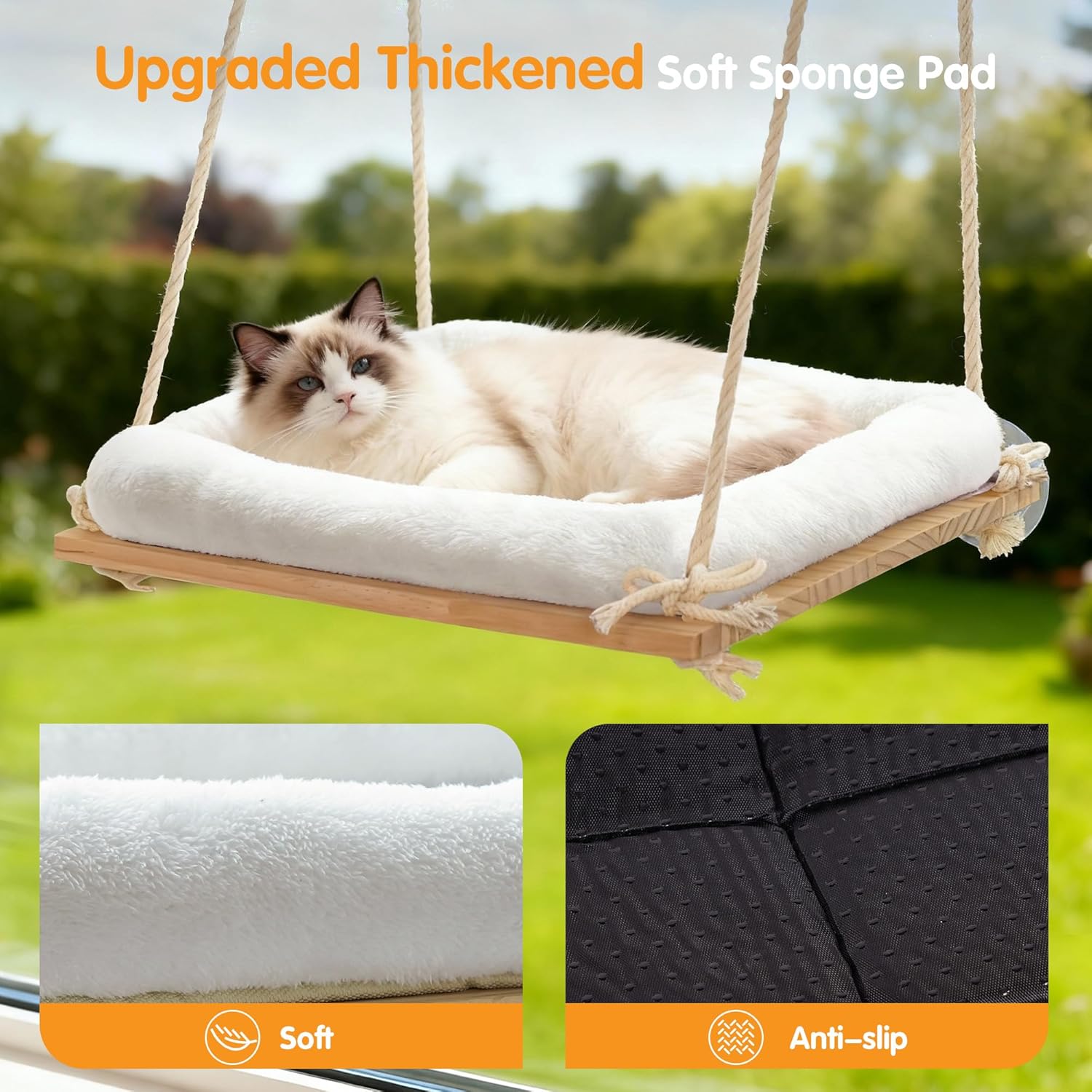 Cat Window Perch, Window Hammock for Cats with Solid Wood Seat 4 Heavy Duty Suction Cups, Plush Cushion, Indoor Cat Bed