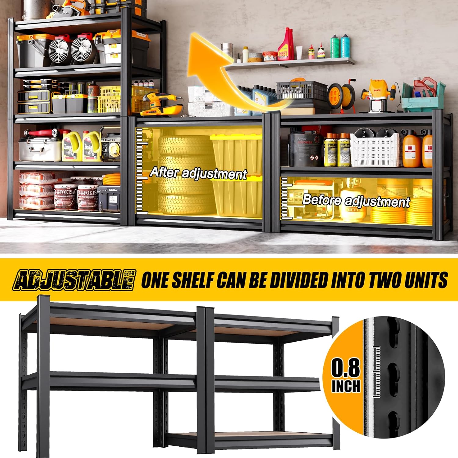 Garage Shelving for Home & Workshop Organization, 5-Tier Adjustable Metal Storage Rack for Tools, Storage Bins &