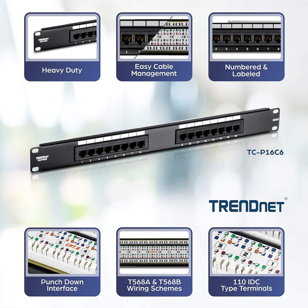 16-Port Cat6 Unshielded Patch Panel, TC-P16C6 | Rackmount, 1U 19", Cat3,Cat4,Cat5,Cat5e,Cat6 Compatible, 250Mhz