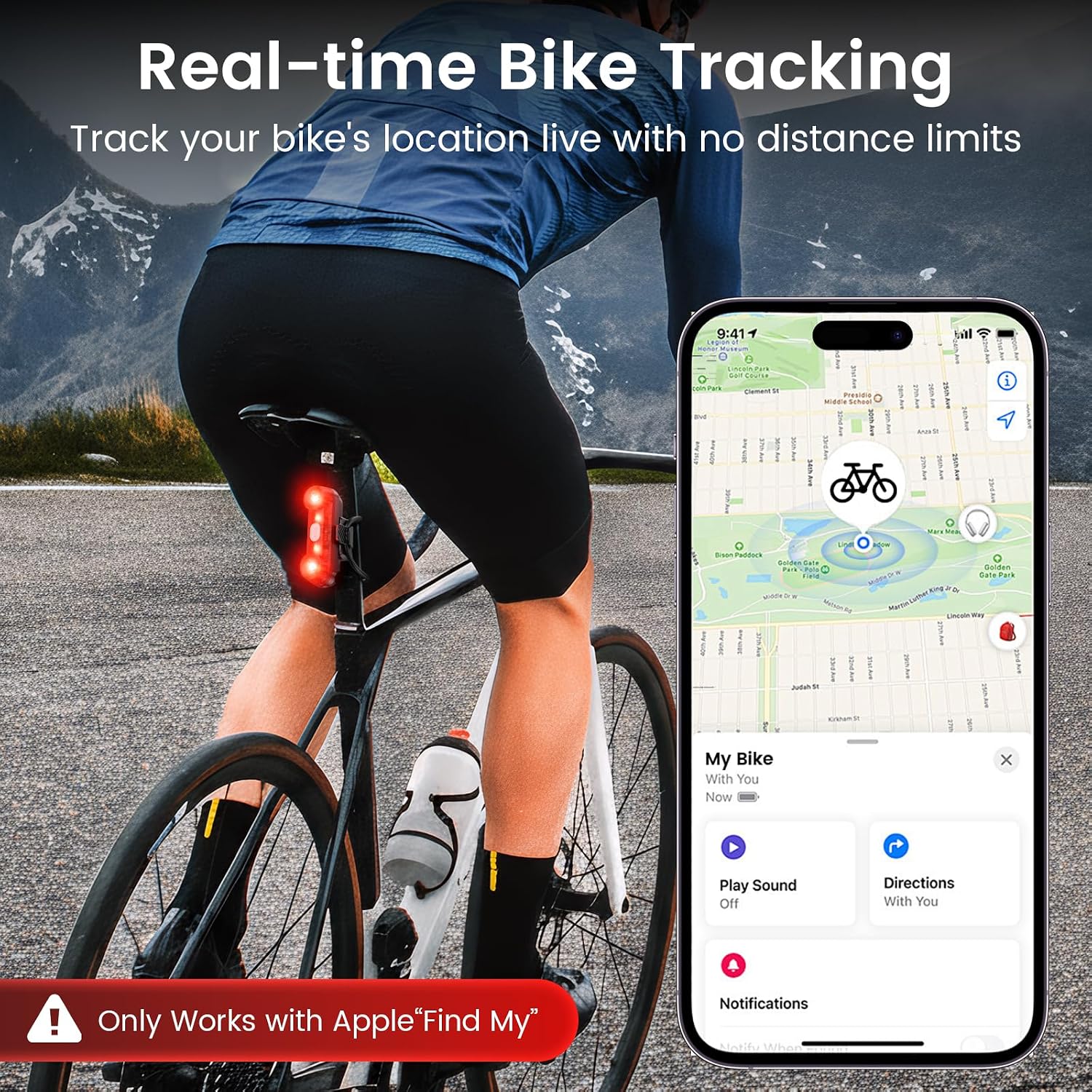 Bike Tail Light with Bike Tracker, GPS Real-Time Track (iOS Only, Work with Apple Find My), 3 Light Modes