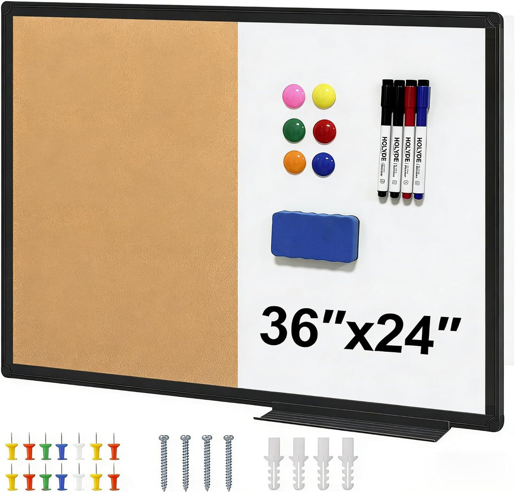 Cork Board White Board Combo, 36" X 24" Magnetic Whiteboard Bulletin Combination Board, Black Aluminum Frame Vision