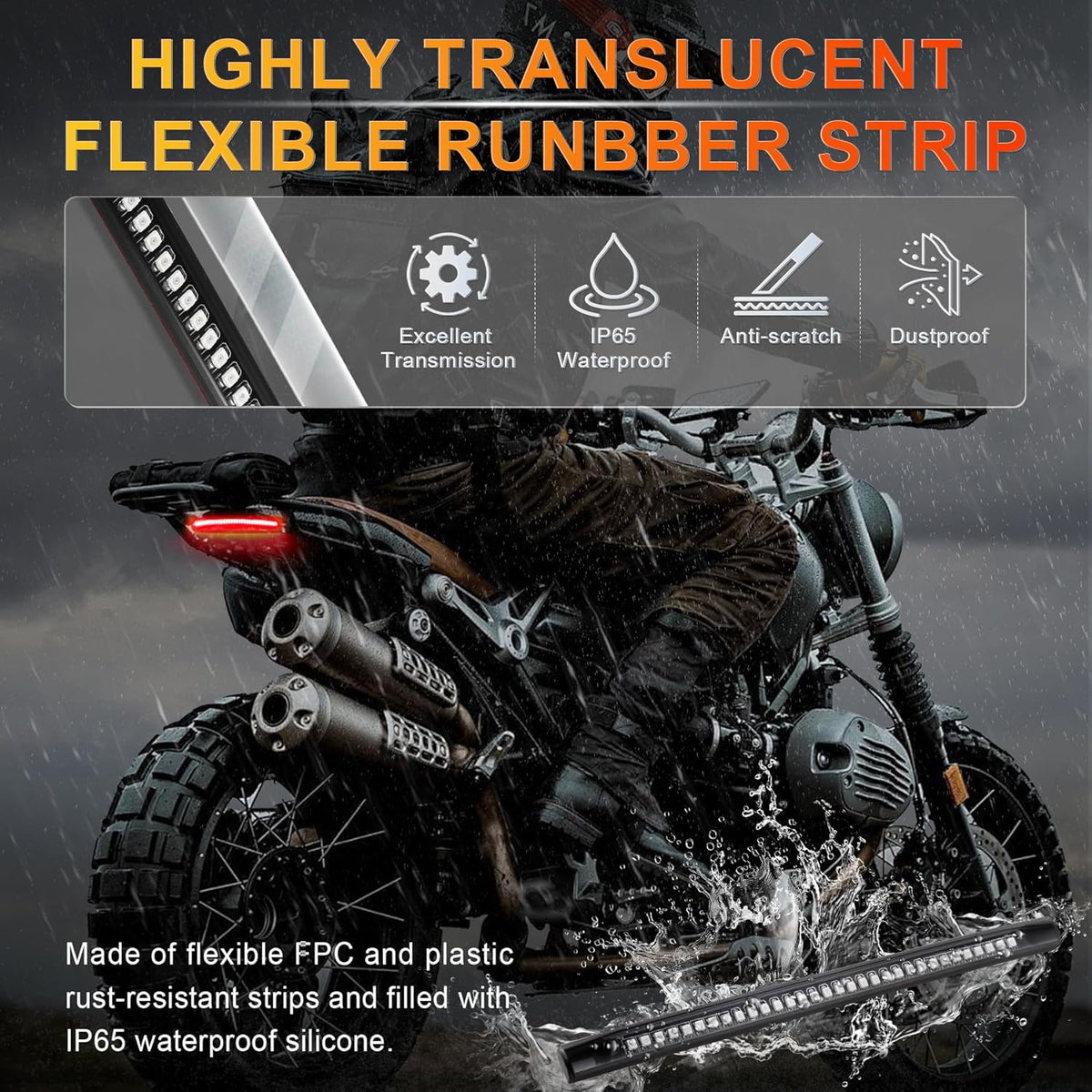 LivTee Universal 8" Flexible LED Light Strip with Tail Brake Stop Turn Signal Lights All-in-one for Motorcycle Scooter Quad Cruiser Off Road, Red/Amber