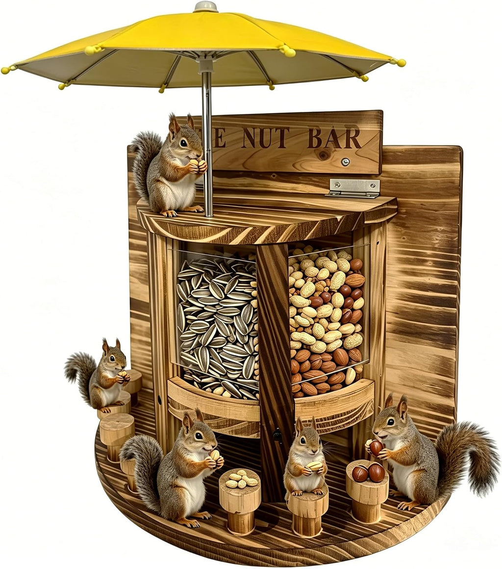 Wooden Squirrel Feeder 'The Nut Bar',Wall or Tree Mount, 13.3x12.6 Inch, Includes Mini Umbrella(Need to Punch Holes