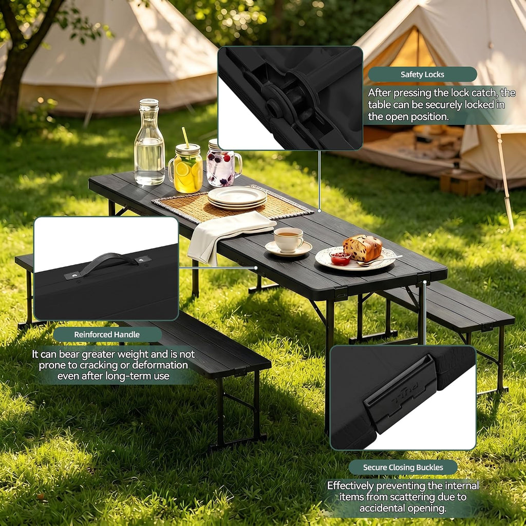 6FT Folding Table & Chair Set, Seats 6-8, Portable Black | Chairs Store Inside Table to Form Carrying Case HDPE&Steel