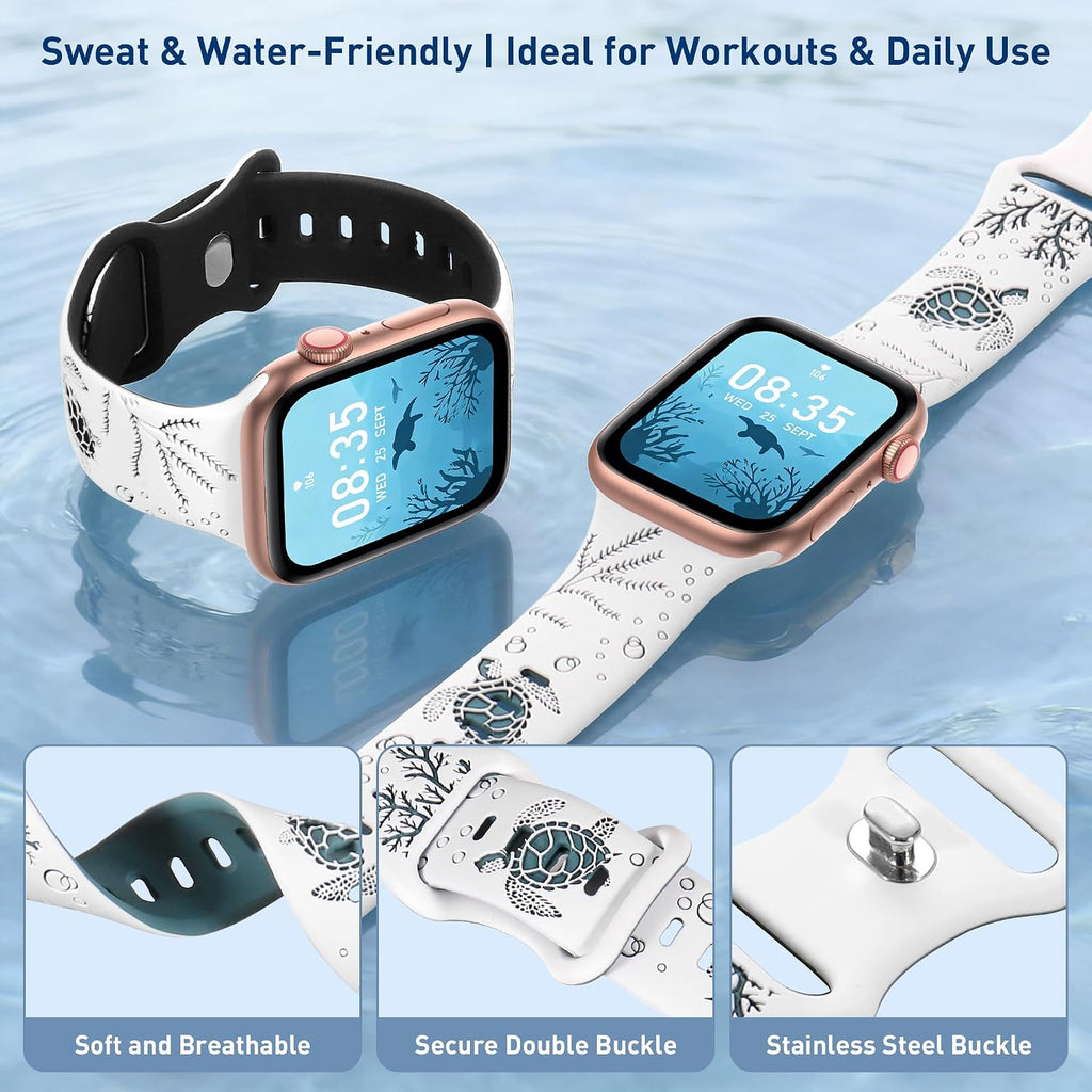 Cute Sea Turtle Engraved Band Compatible with Apple Watch Bands Women Men | Soft Silicone 38mm 40mm 41mm 42mm 44mm
