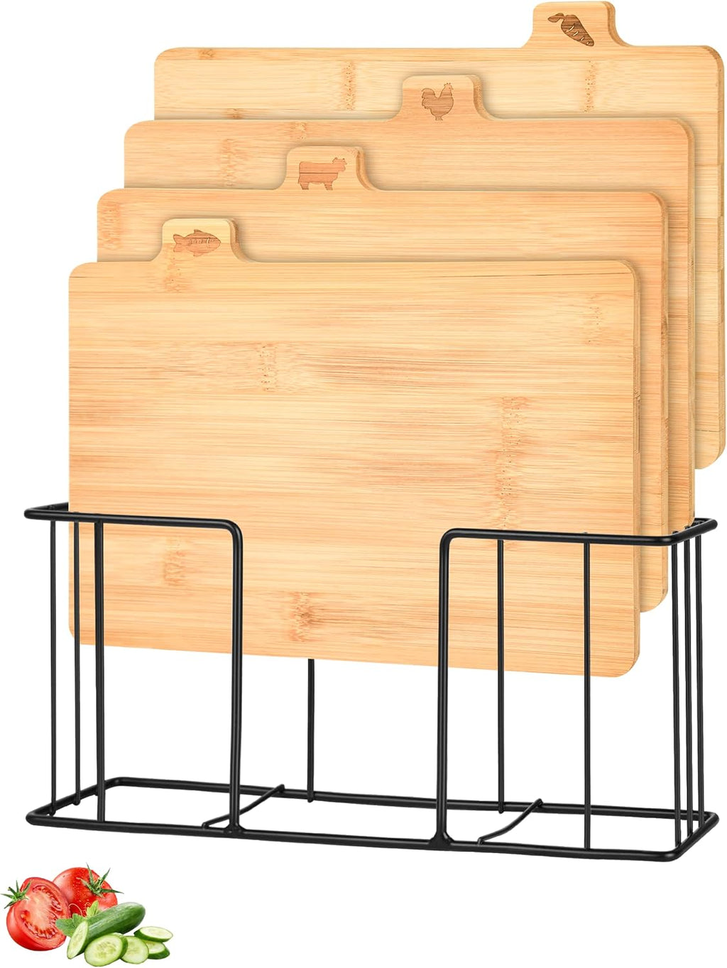 Bamboo Cutting Board Set with Meatal Stand, Lexda 4PCS Eco-Friendly Labeled Tabs Cutting Board, Durable Cutting