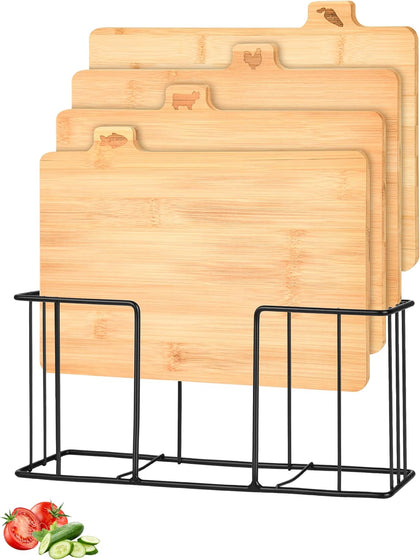 Bamboo Cutting Board Set with Meatal Stand, Lexda 4PCS Eco-Friendly Labeled Tabs Cutting Board, Durable Cutting
