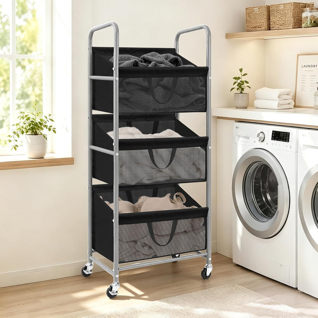 3-Tier Vertical Rolling Laundry Hamper, Removable Bags, Black Mesh | 120L Capacity, Space-Saving Vertical Design