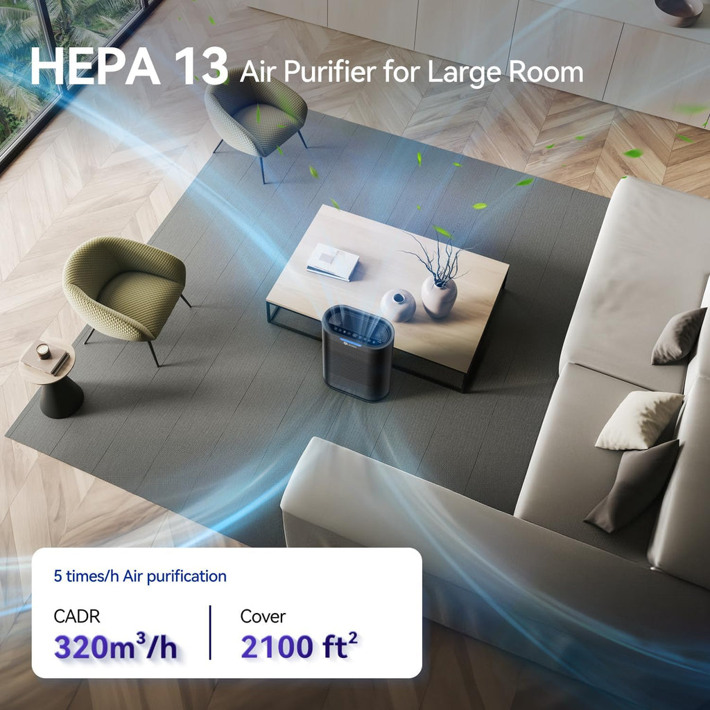 Pet Air Purifiers, Black | Covers 2,100 Ft² Large Rooms, H13 HEPA Filter, Air Quality Monitor, Auto Mode, Removes
